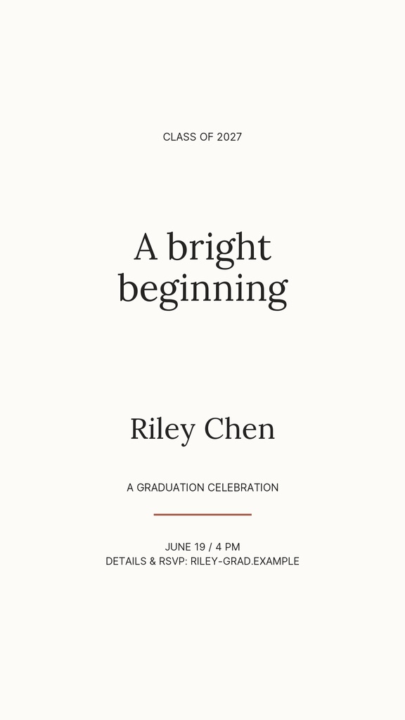 Minimal cream Instagram story design with Class of 2027, A bright beginning, and graduation details.