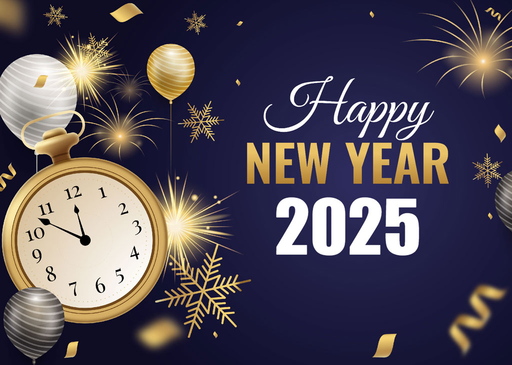 Happy New Year 2025 greeting with clock and fireworks