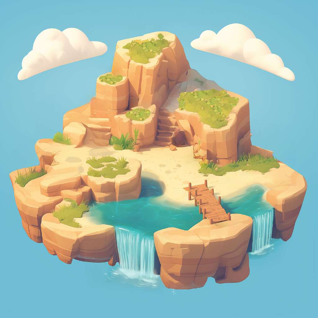 3D illustration of a peaceful island with a lake and waterfalls