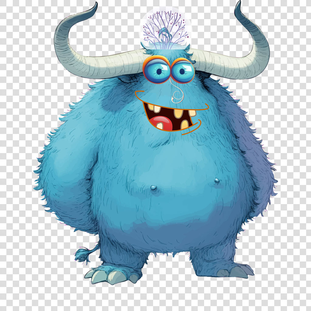 A blue furry monster with horns and a big smile