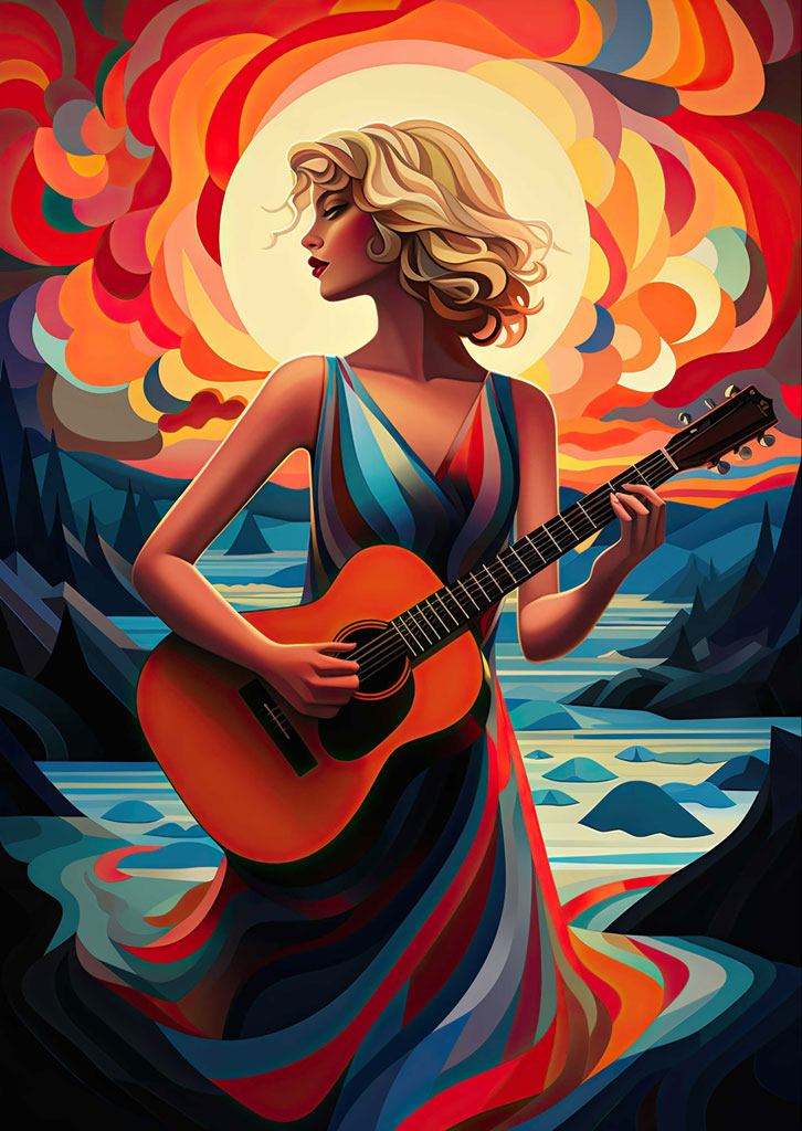 Woman with guitar in front of a stylized ocean landscape