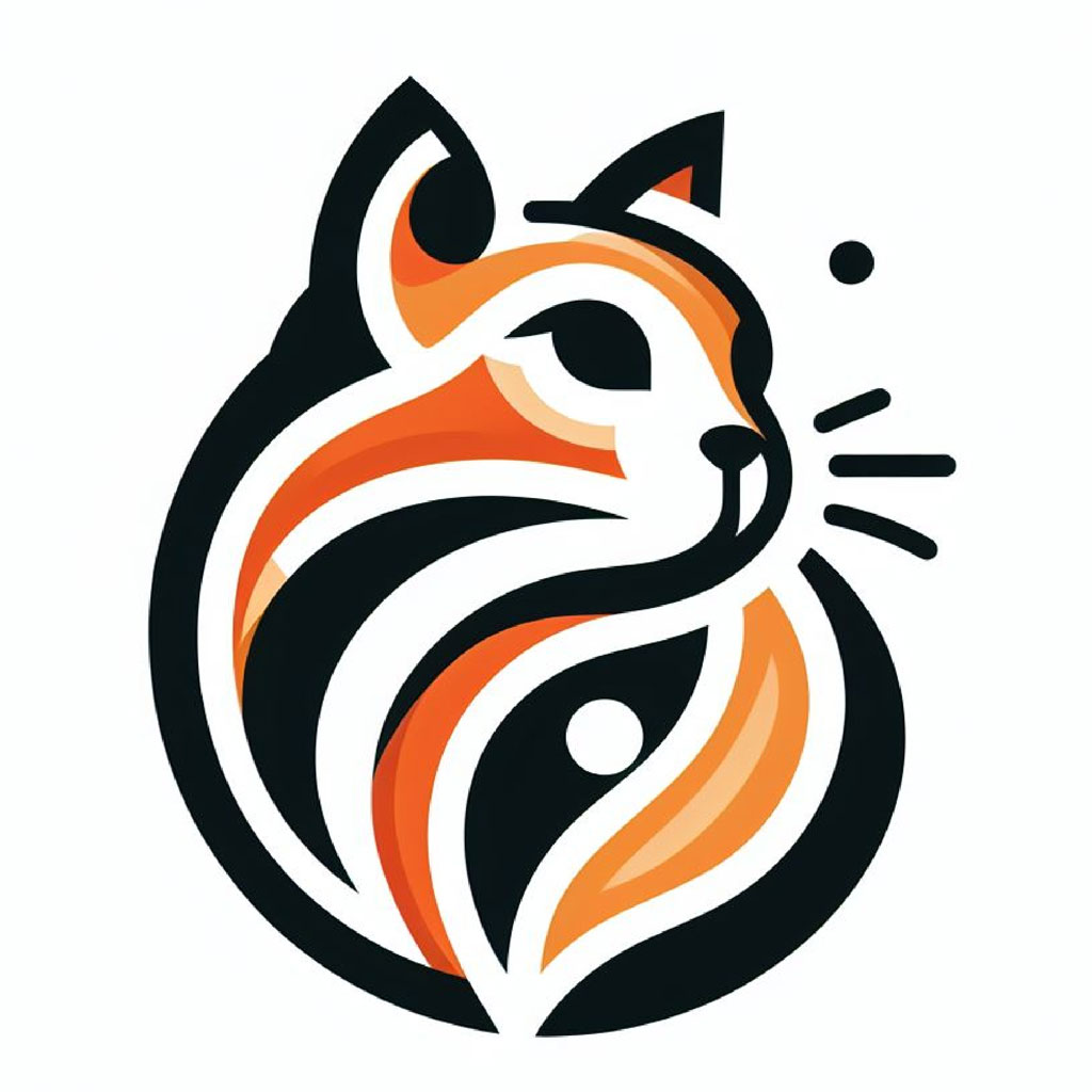 Stylized cat logo with dark blue and yellow colors