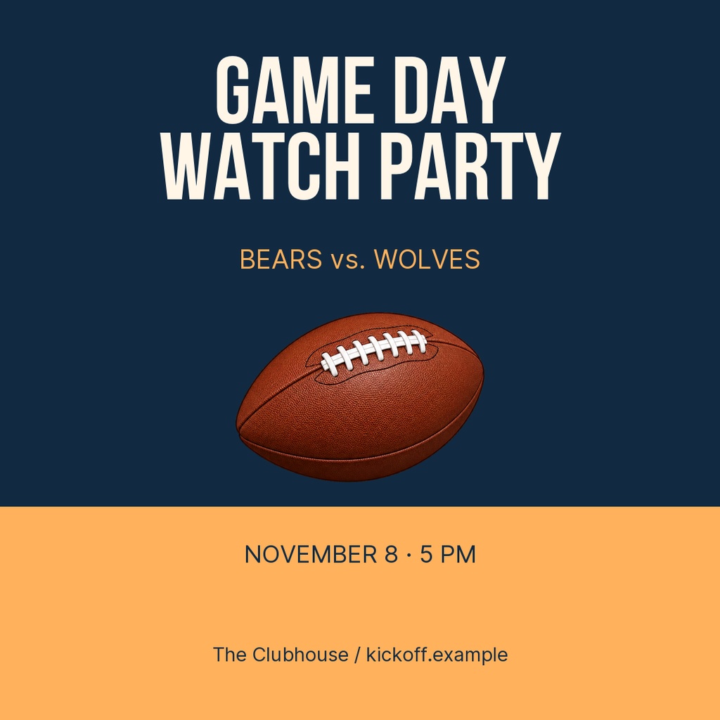 Square game day watch party poster with a football on navy and orange background