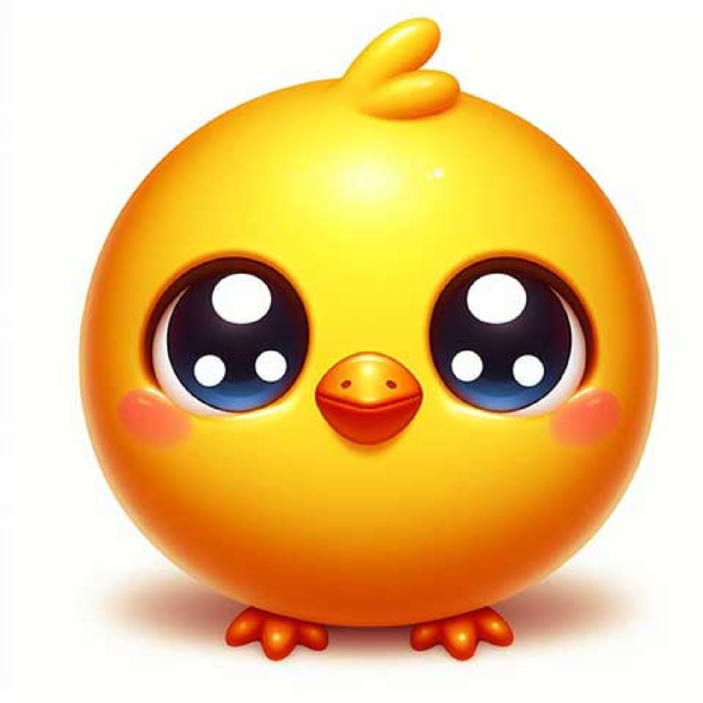 A smiling yellow cartoon chick with large brown eyes and orange beak and feet.