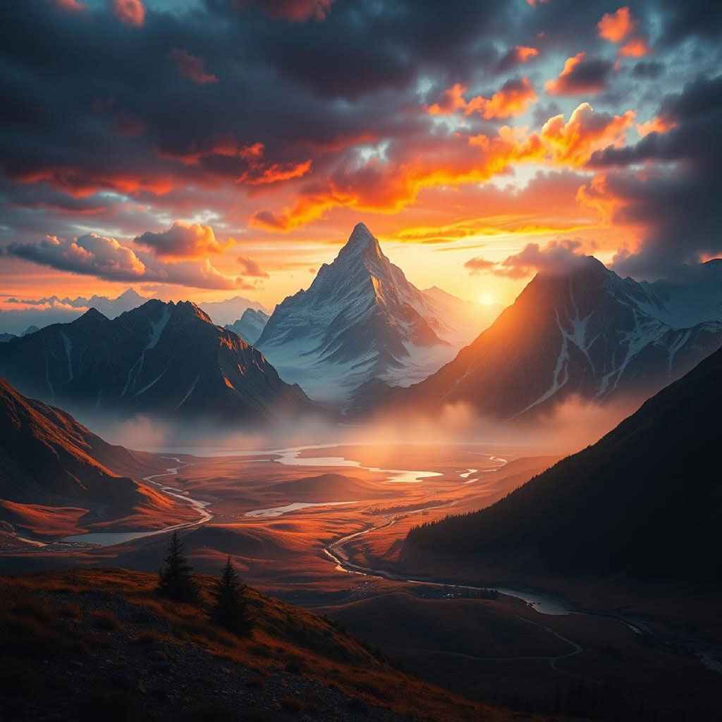 A serene mountain landscape with a winding river at sunset