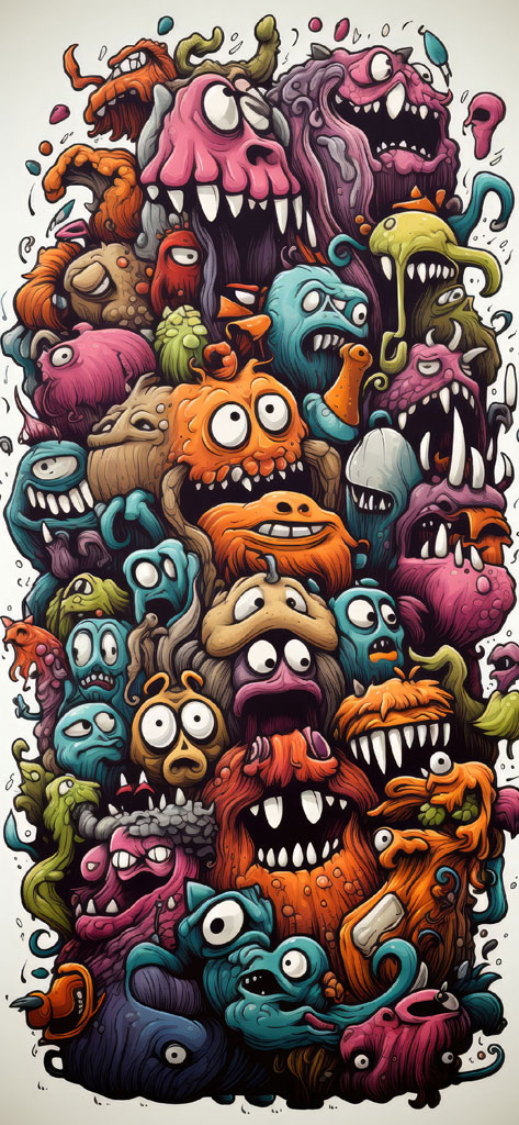 A whimsical illustration of various cartoon monsters in different colors and shapes