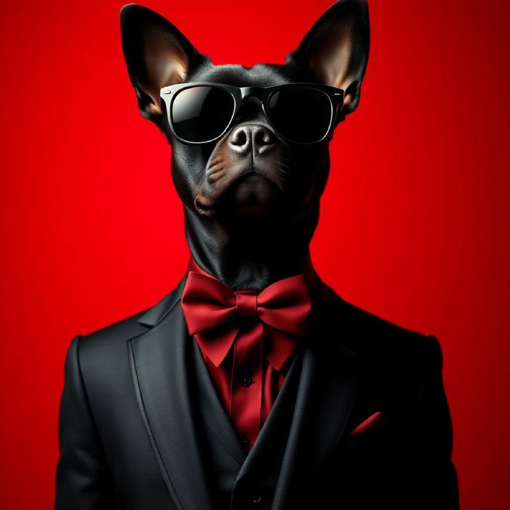 Man in black tuxedo and sunglasses on red background