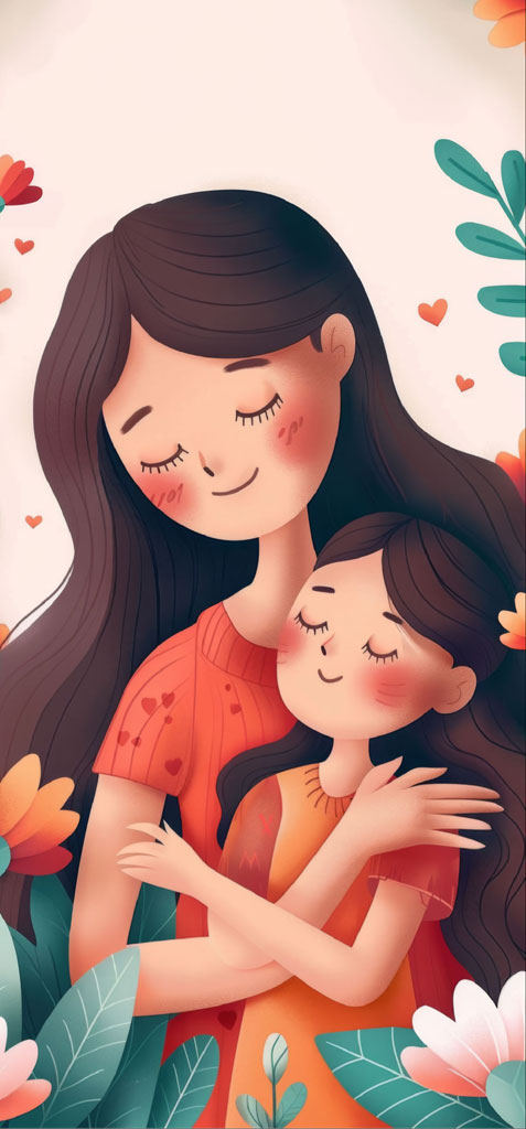 Cartoon illustration of a mother hugging her daughter with flowers around them