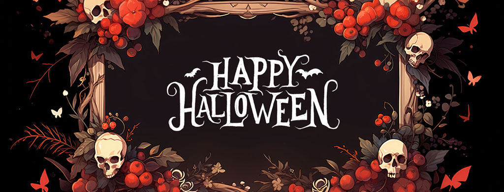 Halloween greeting with skulls and floral decorations