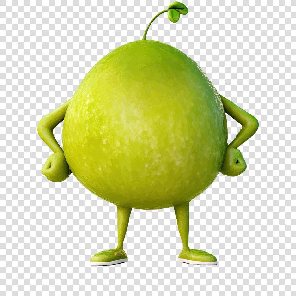A green apple character with arms and legs