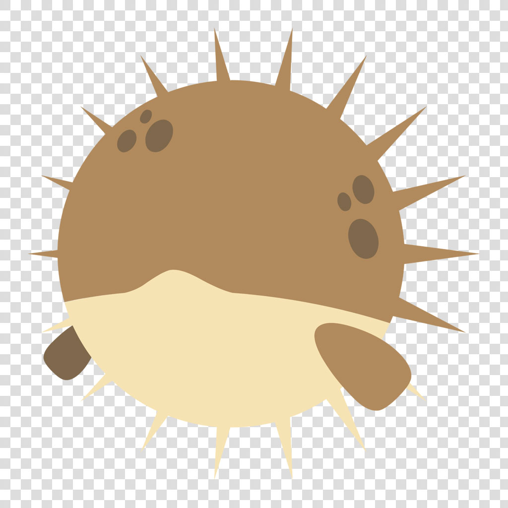 A cartoon pufferfish with brown and beige colors and spiky exterior
