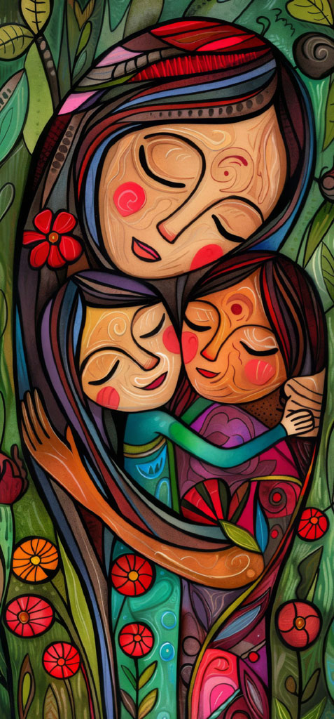 A stylized painting of a mother hugging her two children, set against a backdrop of leaves and flowers.