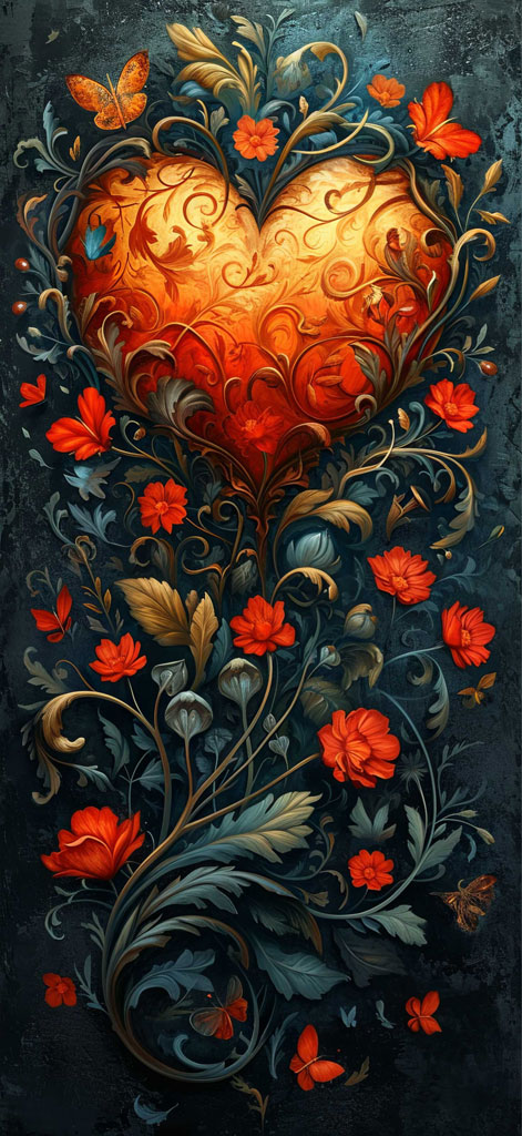 A heart-shaped floral design with red flowers and golden accents surrounded by butterflies