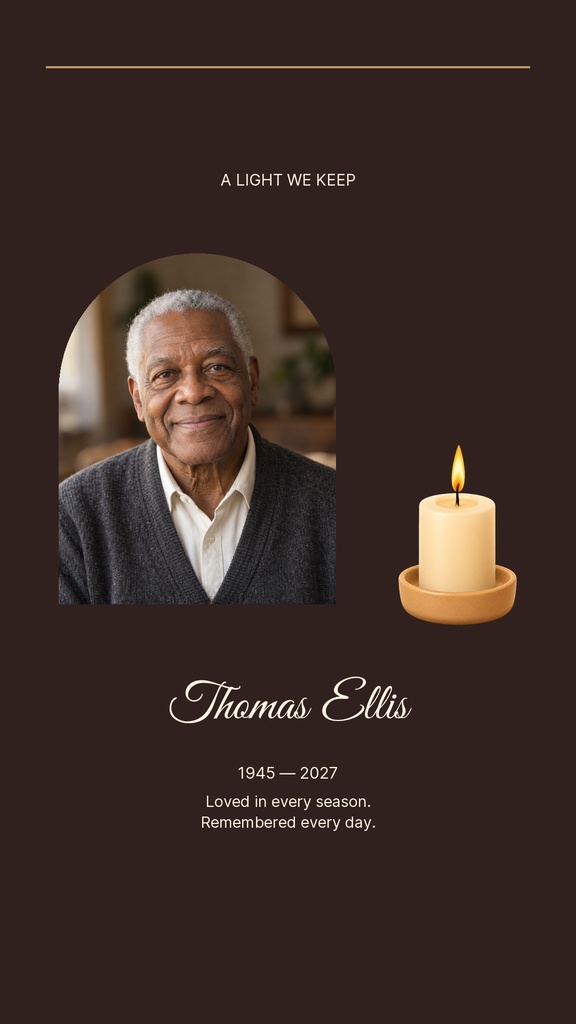 Portrait memorial story design with a candle and tribute text on a dark background.