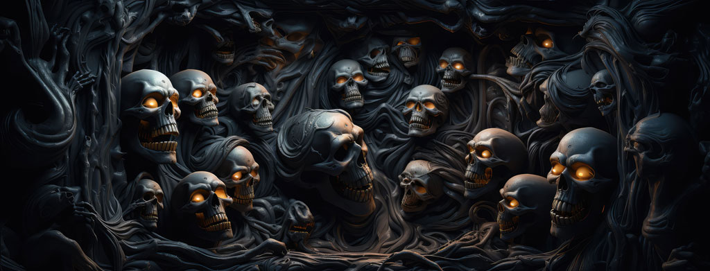 A dark and ominous gathering of skulls with glowing eyes.