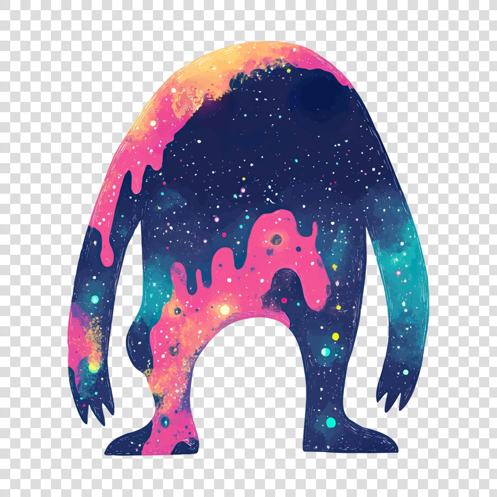 Bigfoot silhouette with a colorful, starry galaxy design