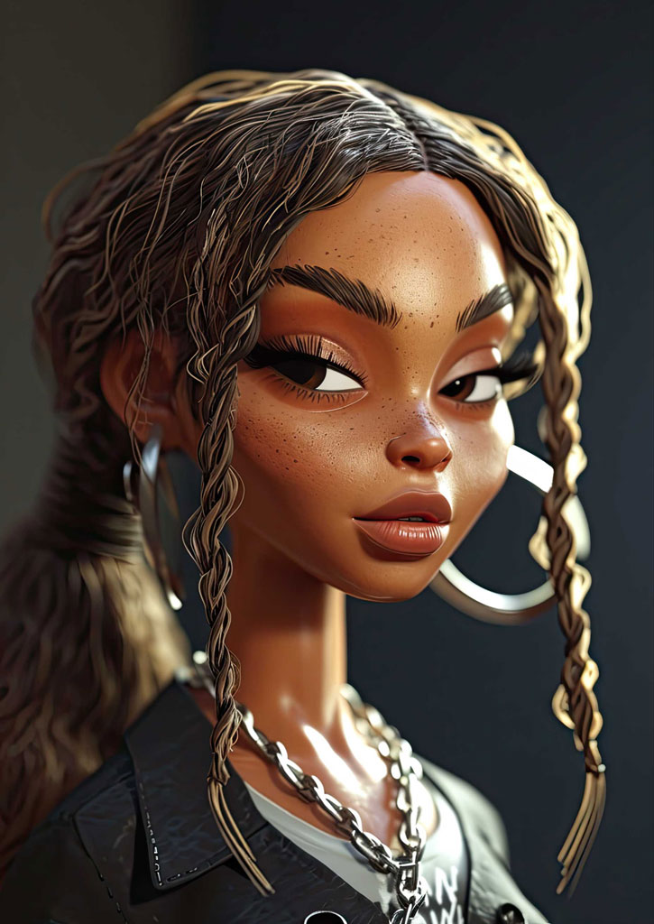 A 3D rendered portrait of a young woman with braided hair and bold accessories