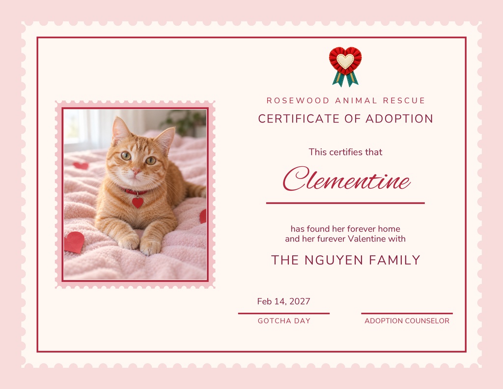 Landscape adoption certificate with a cat photo, pink border, and Valentine heart ribbon.