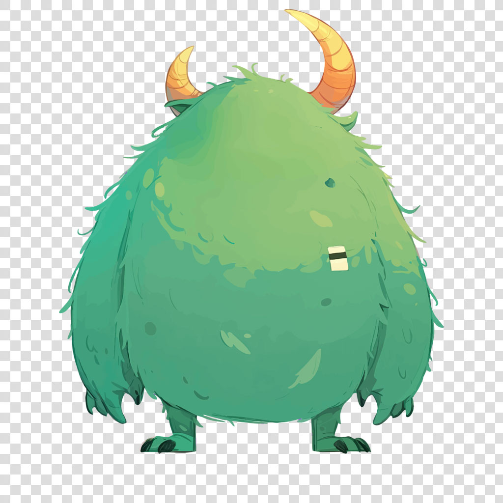 A cute, green, furry monster with two yellow horns and a small mouth.