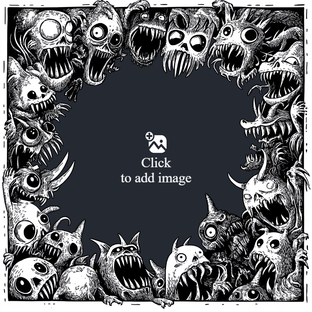 A black and white illustration of a frame made up of various creepy monsters and creatures.