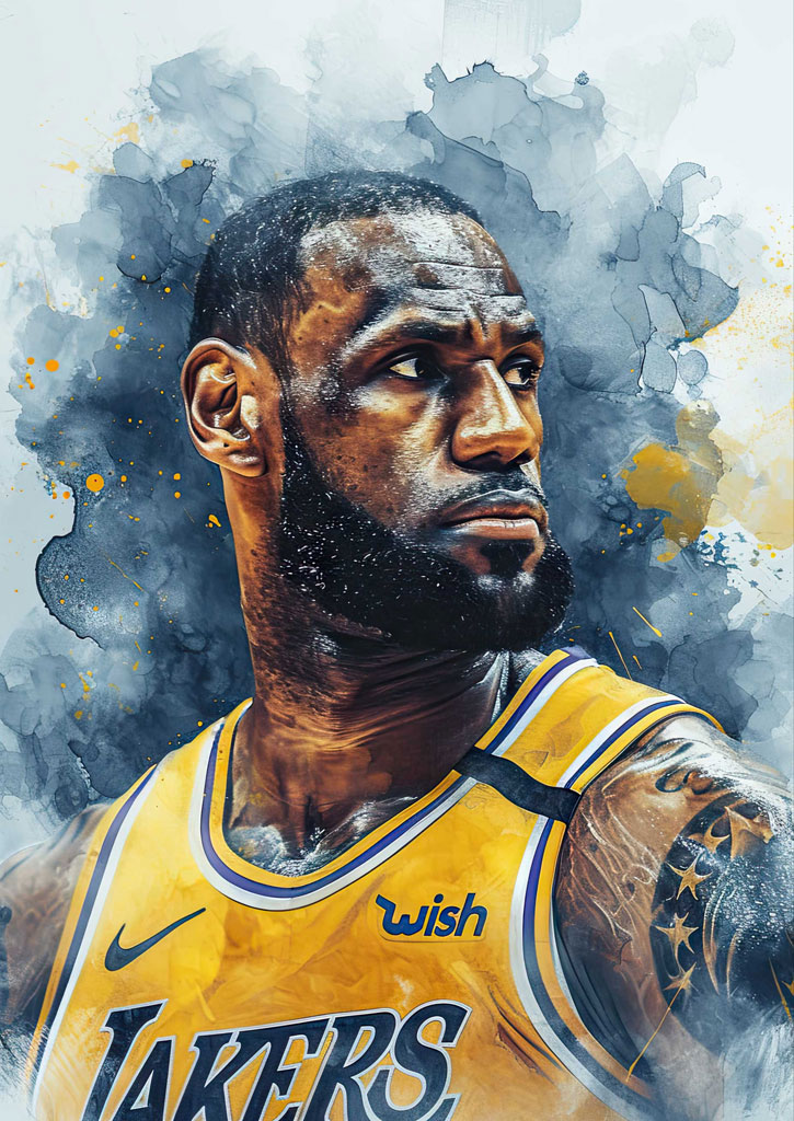 LeBron James in a yellow Lakers jersey with a determined expression