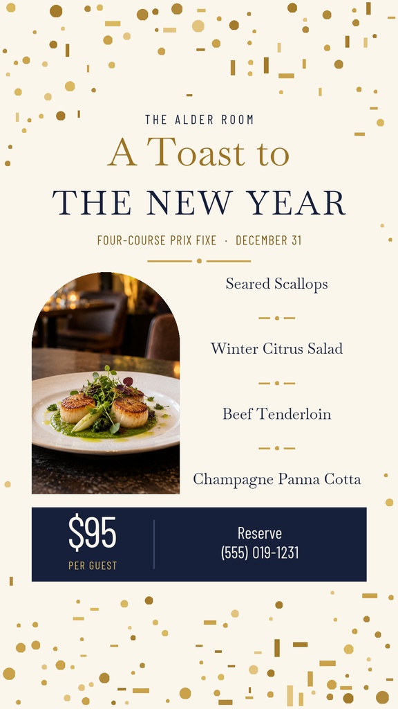 Portrait restaurant menu story with gold confetti, plated scallops, and a New Year dinner prix fixe list.