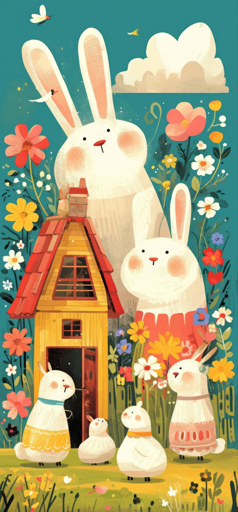 Illustration of a bunny family with a large bunny and smaller bunnies near a house surrounded by flowers