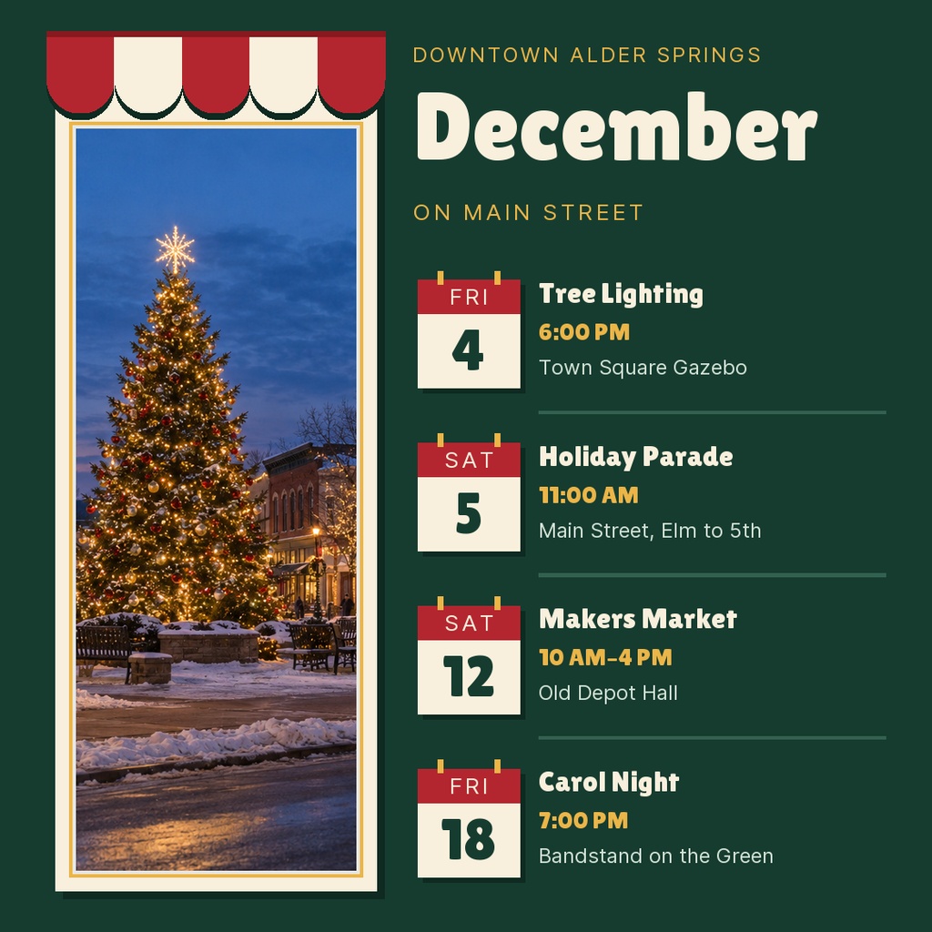 Square holiday event flyer with a lit Christmas tree photo and December event listings.