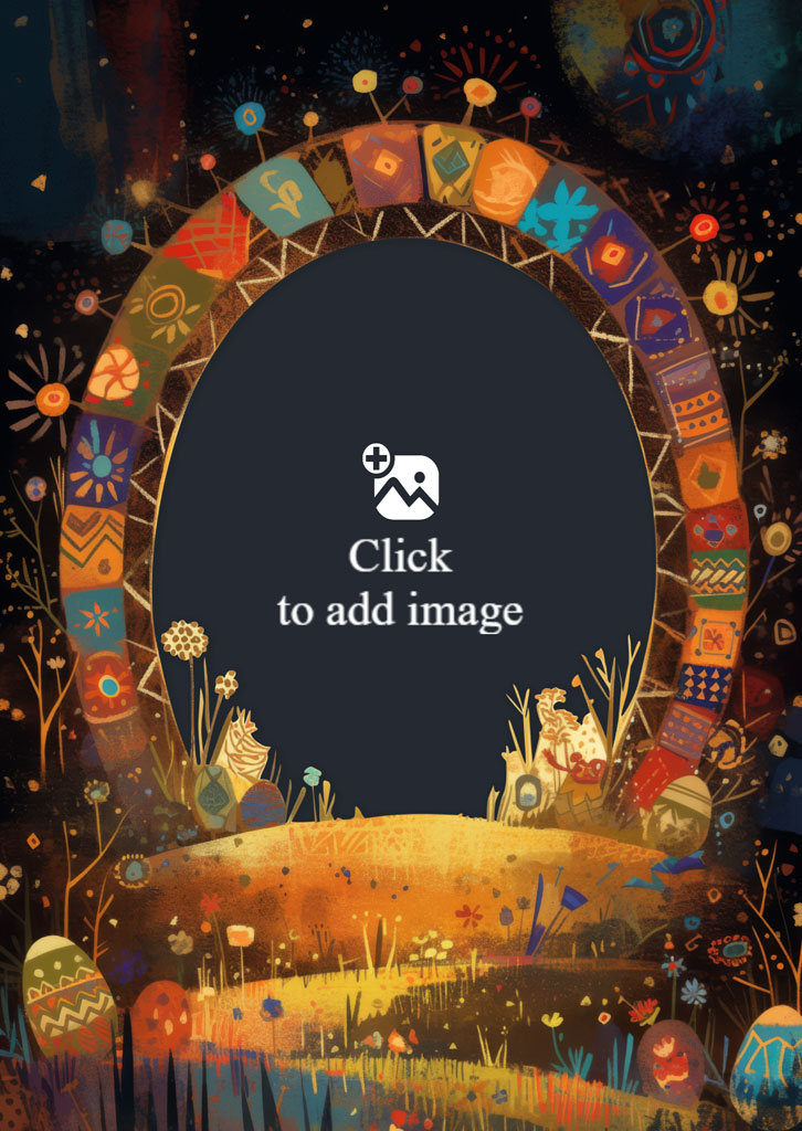 Colorful Easter eggs and flowers in a whimsical landscape with a decorative arch.