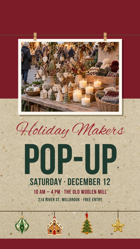 Portrait holiday market poster with product table, candles, hanging ornaments, and bold event text.