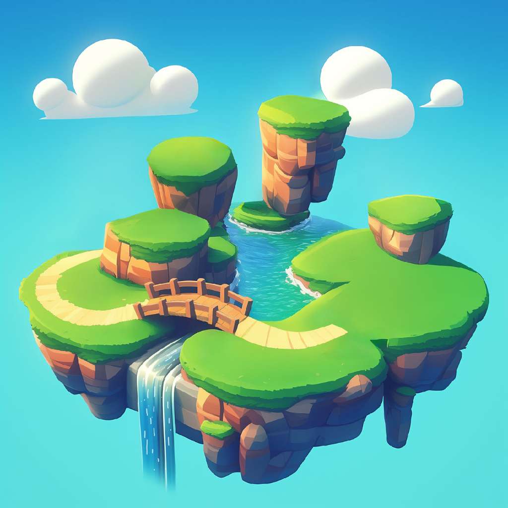 A 3D rendering of floating islands with green tops and a waterfall flowing between them.