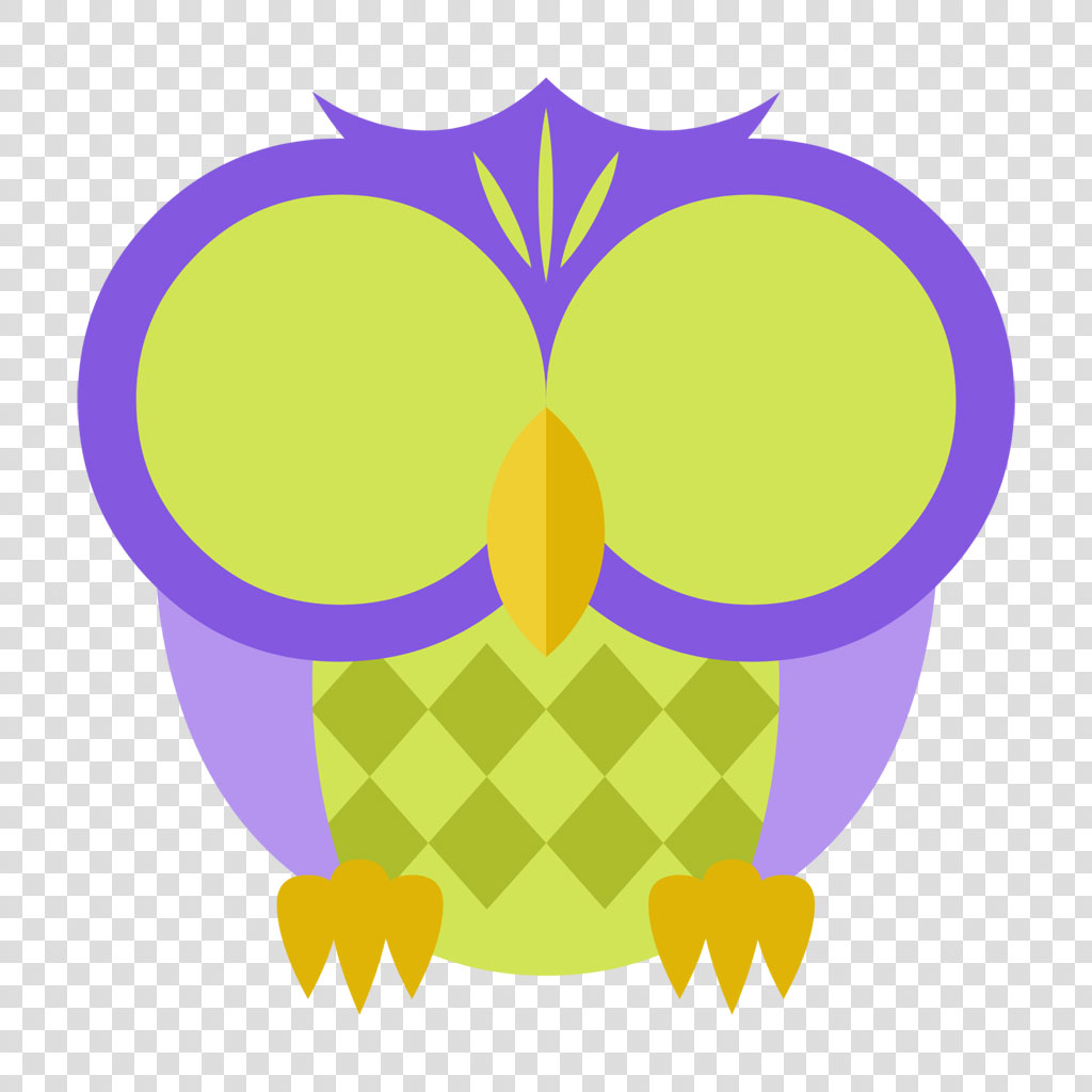 A stylized owl with large round eyes, diamond pattern on the body, and purple accents.