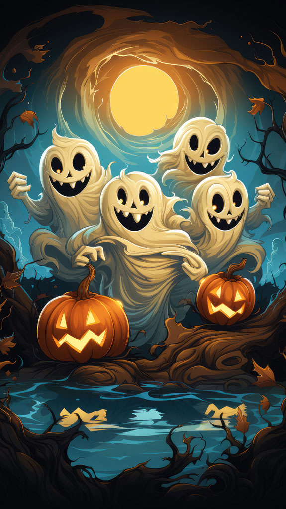 Four ghostly figures with jack-o'-lantern faces dancing around two glowing pumpkins