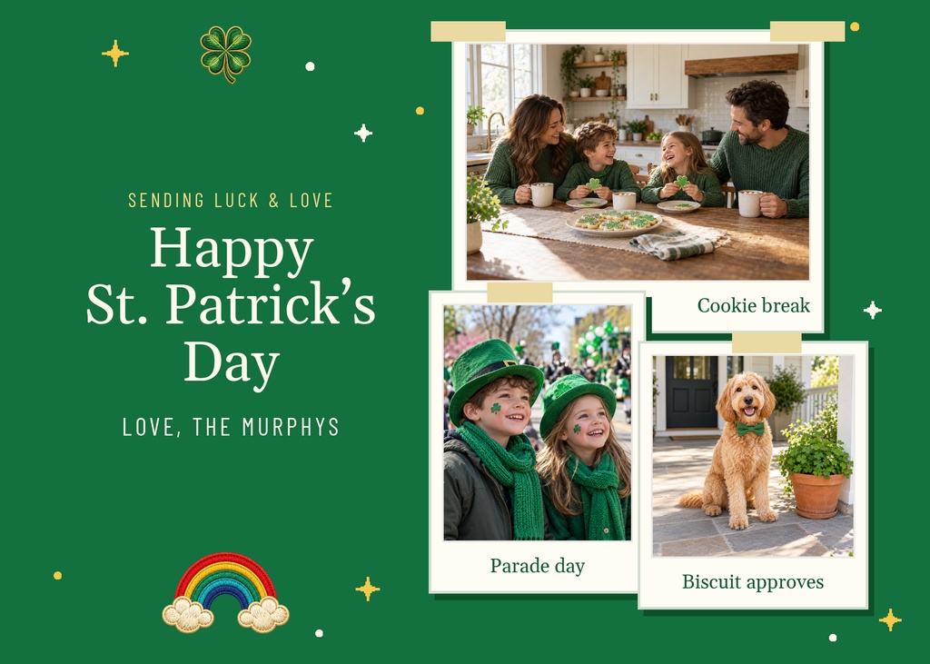 Landscape St. Patrick's Day card with family photos, shamrocks, and a rainbow on a green background.