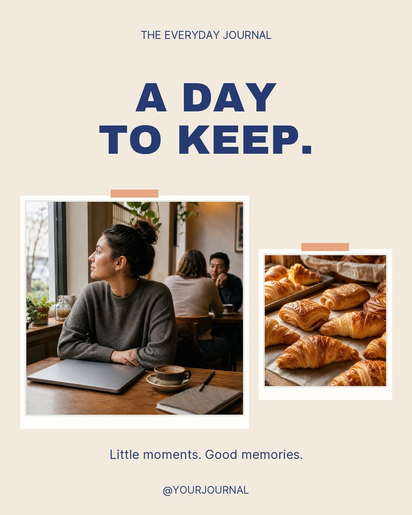 Portrait feed post with beige background, bold title, two framed photos, and small caption text.