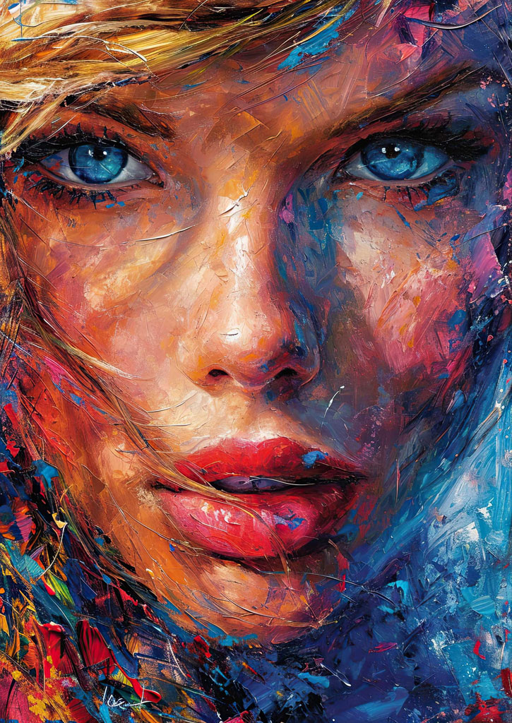 A colorful close-up painting of a woman's face with blue eyes and red lips.