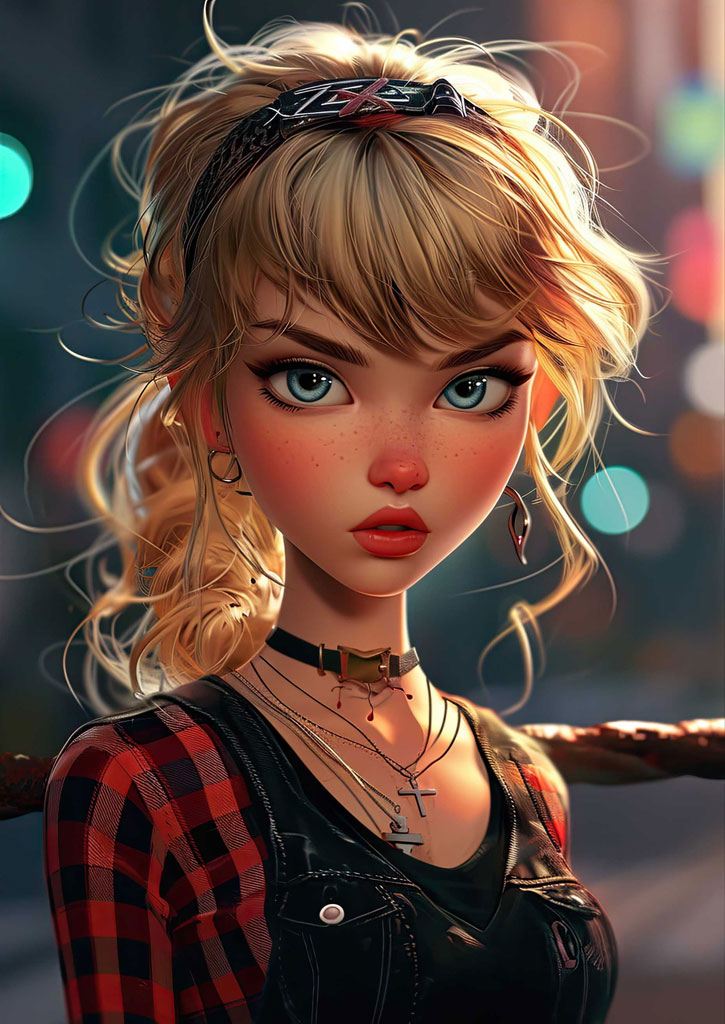 A cartoon-style image of a blonde girl with blue eyes and red lips, wearing a red plaid shirt and black overalls.