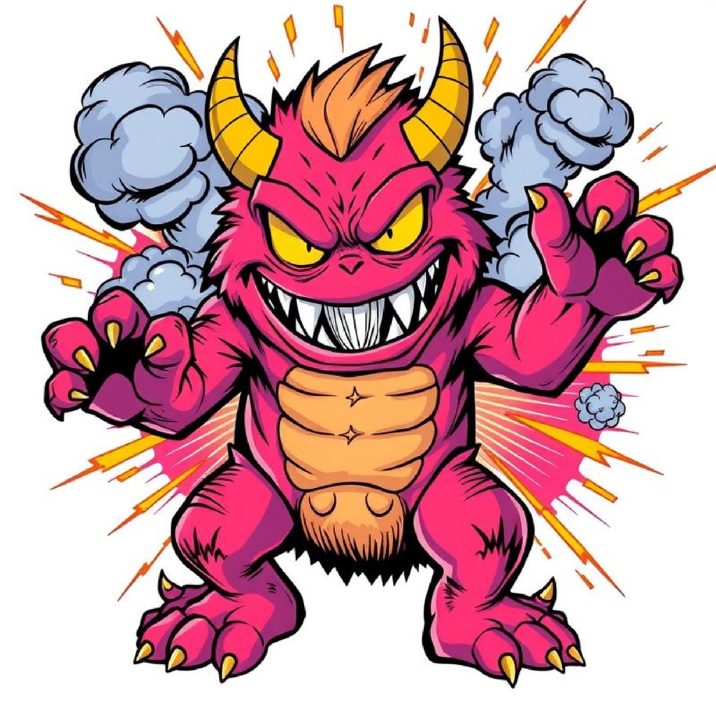 A pink, furry, two-horned monster with yellow eyes and sharp teeth.