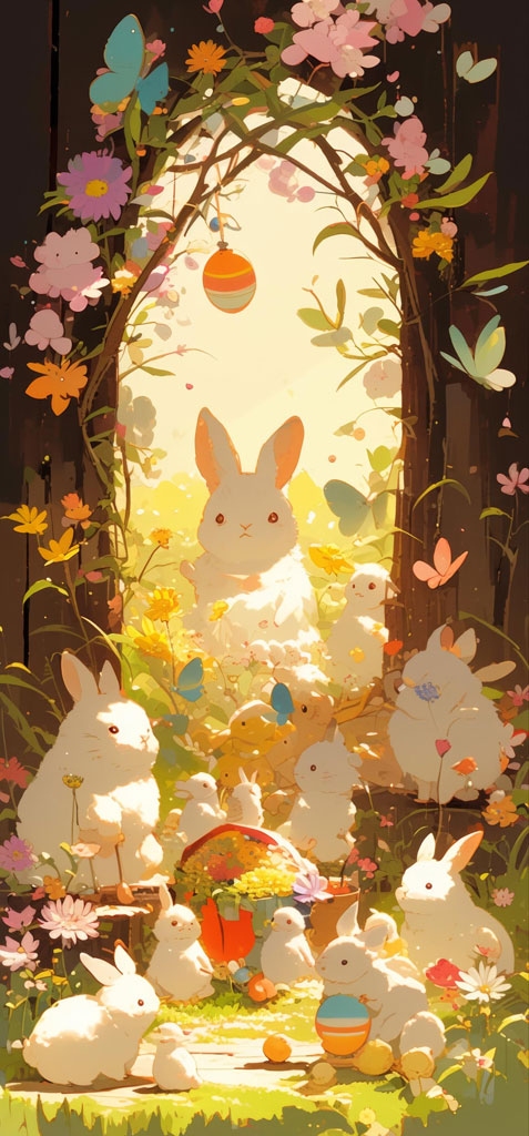 A group of white rabbits in a garden filled with flowers and butterflies, with Easter eggs nearby.