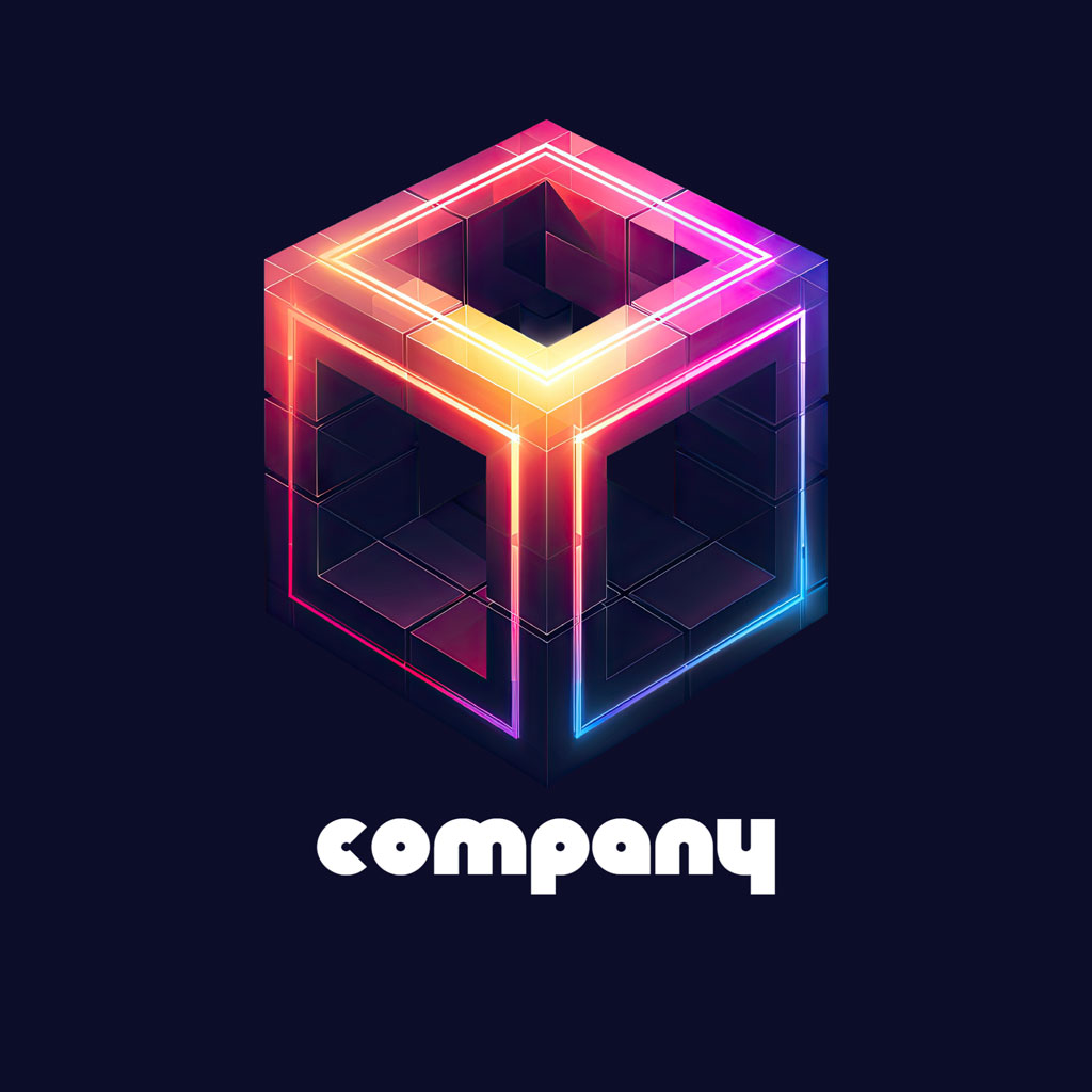 A 3D neon cube with the word 'company' written below it.