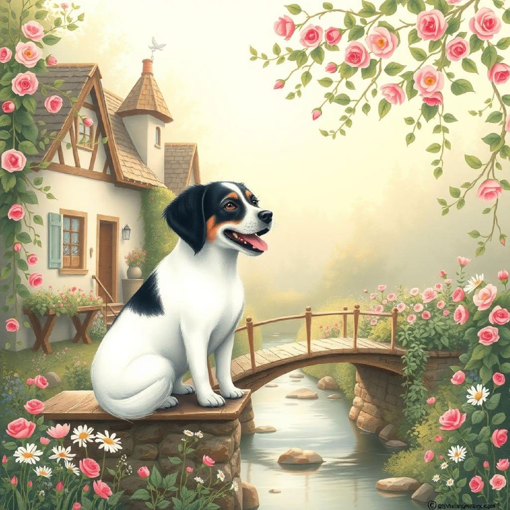 A quaint white cottage with a brown roof and chimney, surrounded by pink roses and greenery, with a small stone bridge over a stream.