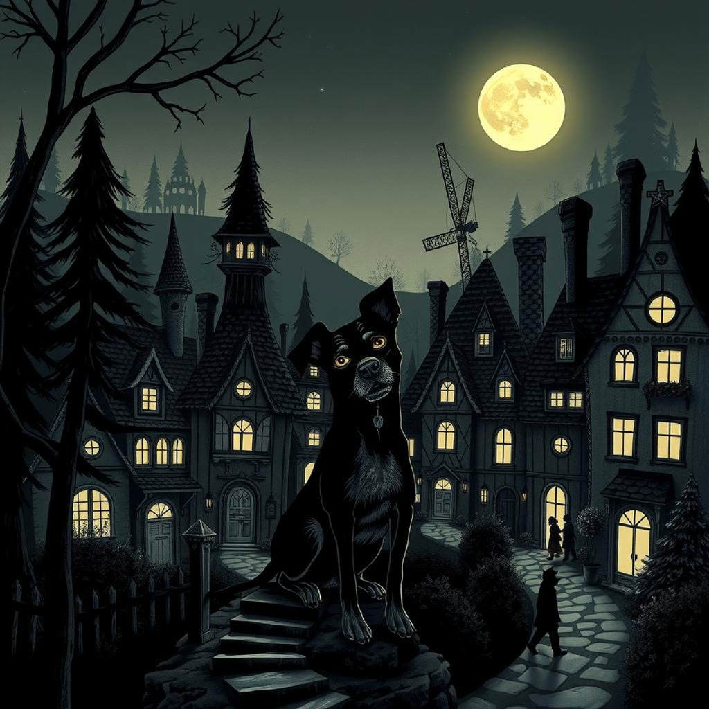 A large, gothic-style mansion with multiple turrets and chimneys, lit from within, set against a dark, moonlit backdrop with bats flying and