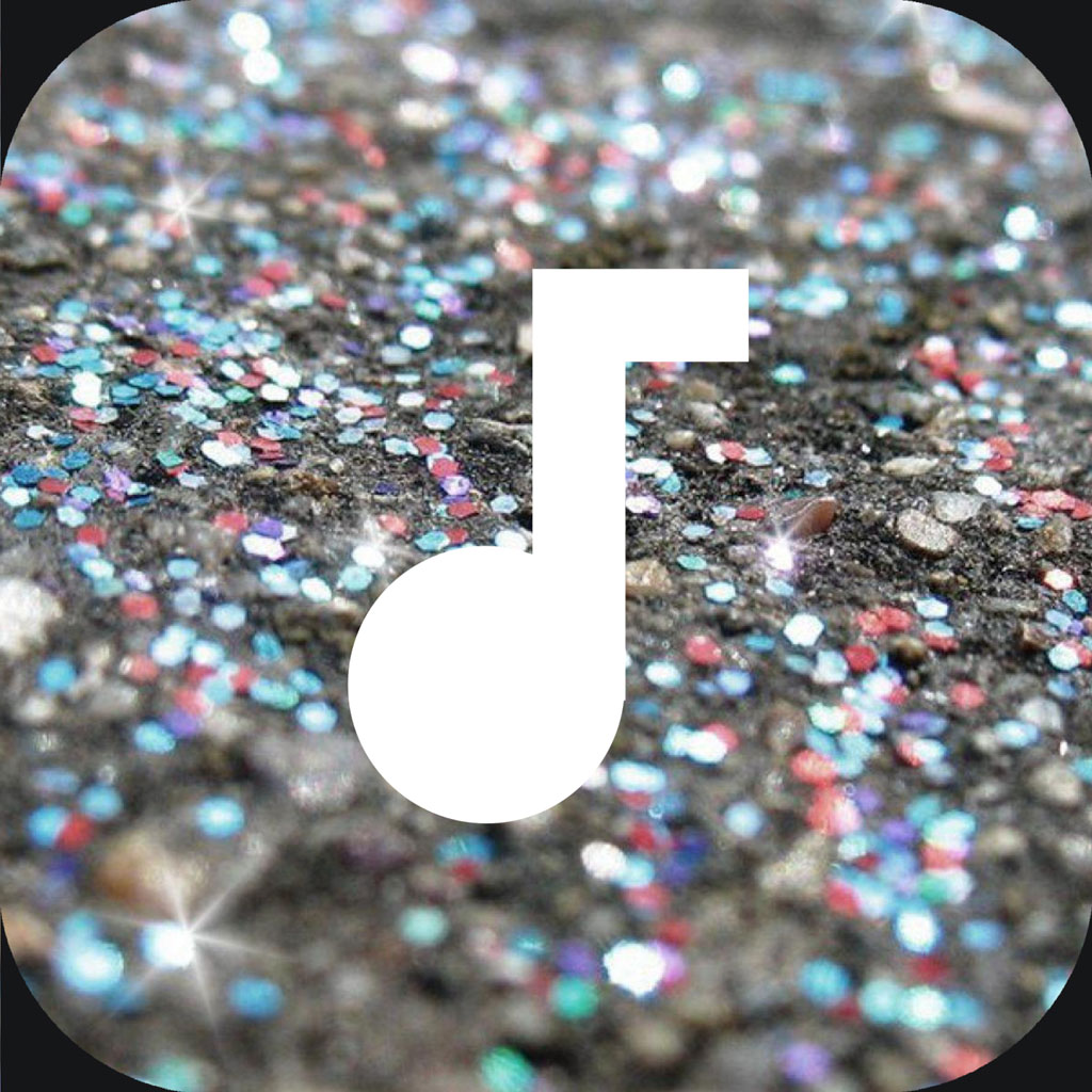 Multicolored glitter background with a large white musical note