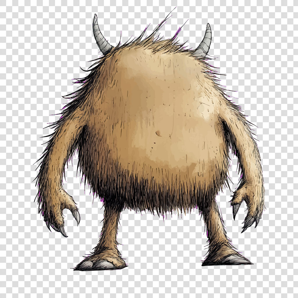 Illustration of a furry, horned creature with sharp claws