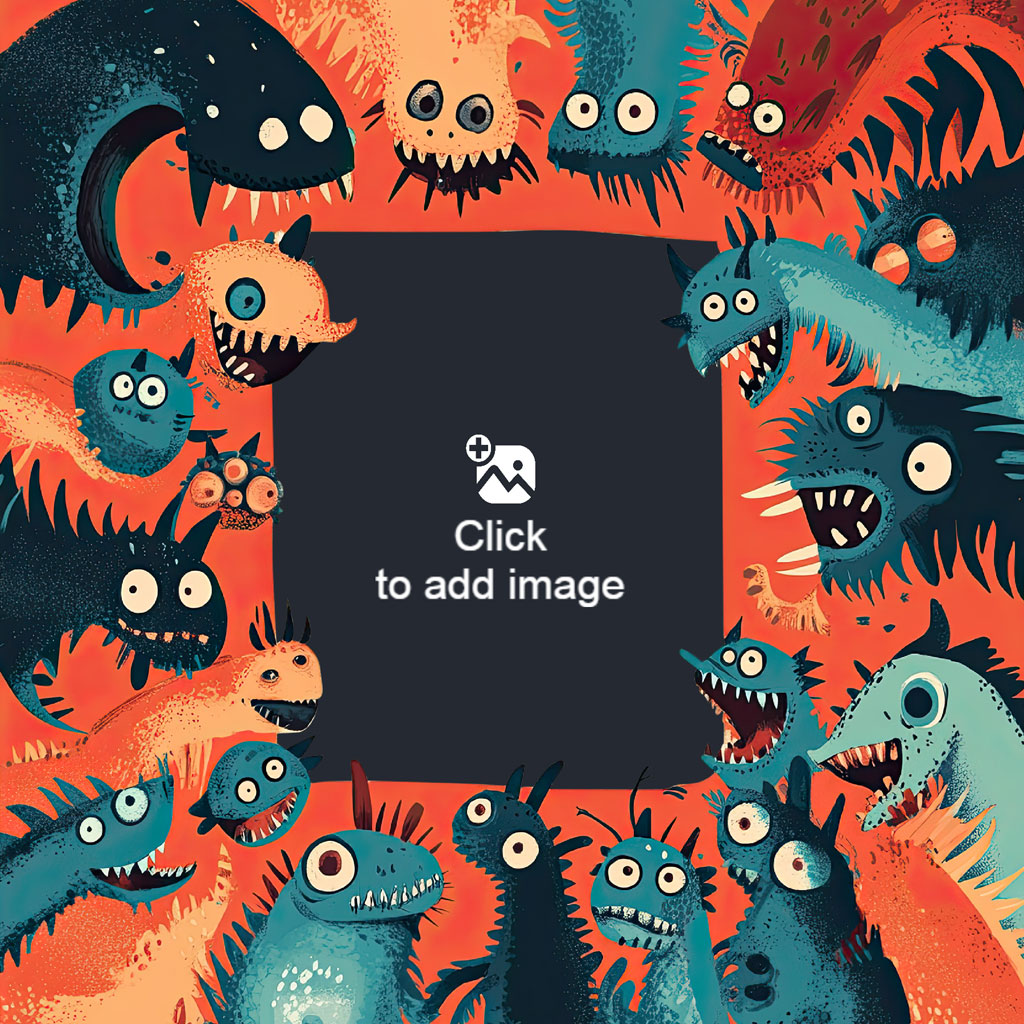 Colorful cartoon monsters around a black square