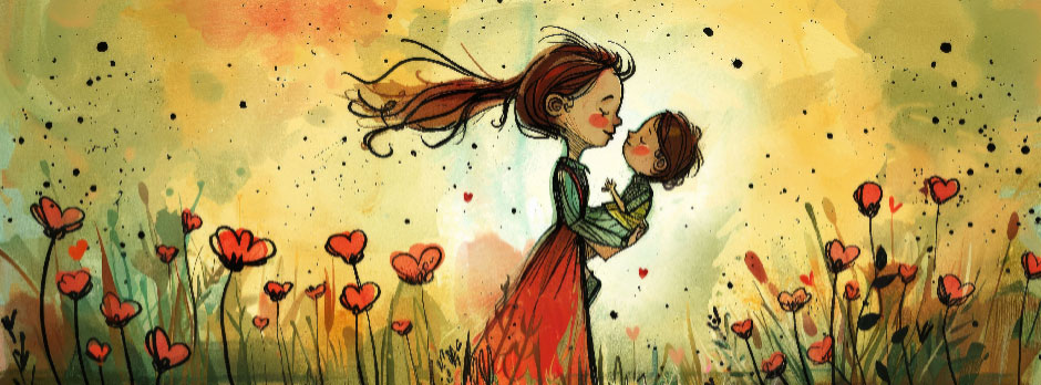 Illustration of a mother holding her child in a field of red flowers
