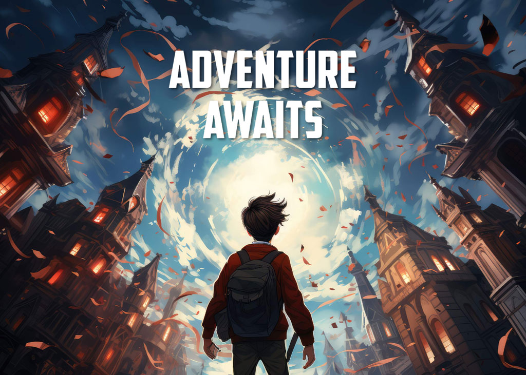 A young person with a backpack standing between two buildings with a glowing portal in the distance.