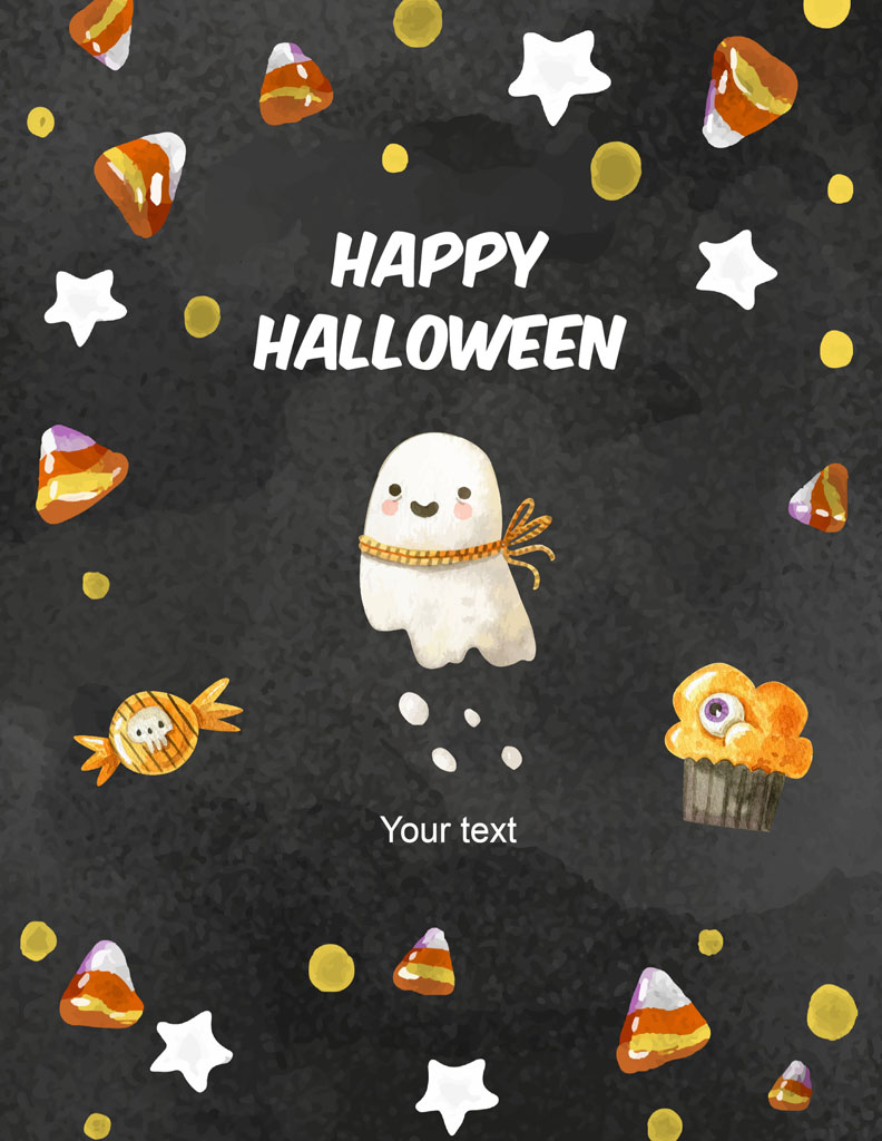 Halloween greeting card with ghost and sweets