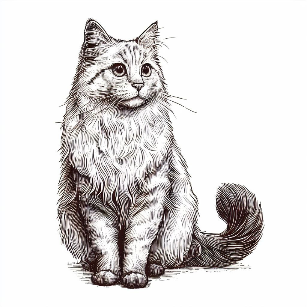 A cartoon white cat with orange markings and yellow eyes.
