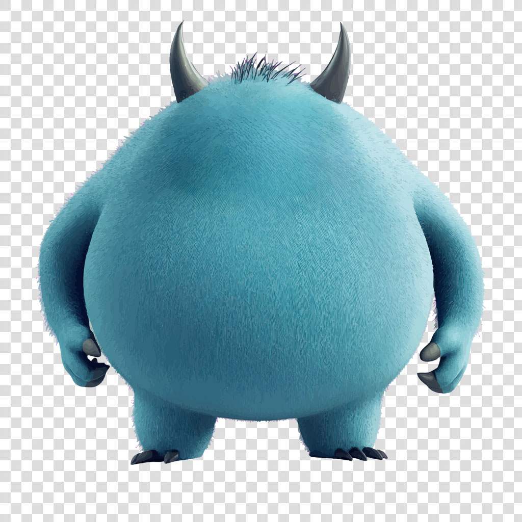 A blue furry monster with two horns and sharp claws standing on its hind legs